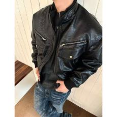 批发荔枝纹 美式复古荔枝纹PU皮衣夹克男女春秋新款机车服外套