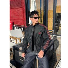 批发原版面料 新款撞色条纹PU皮衣立领机车夹克男防风复古美式外套