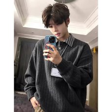 批发磨毛条 白灰色假两件卫衣男生春季上衣cleanfit千鸟格长袖polo衫