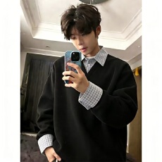 批发曼巴棉 假两件格纹翻领卫衣男款2026年春秋拼接长袖Polo衫上衣