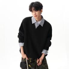 批发曼巴棉 假两件POLO领拼接卫衣男春秋季美式<b class='q'>潮</b>牌学院风翻领上衣服