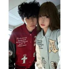 批发350g毛呢+加厚皮 潮牌重磅撞色pu皮拼接外套美式街头秋冬复古<b class='q'>夹克</b>