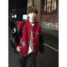 批发350g毛呢+加厚皮 美式街头棒球服外套男秋冬撞色拼接重磅<b class='q'>夹克</b>上衣