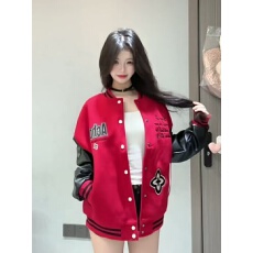 批发350g毛呢+加厚皮 美式街头红色棒球服外套女秋季潮牌刺绣夹克上衣