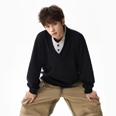 批发华棉复合 老钱风假两件V领卫衣男女春季<b class='q'>潮</b>牌新款复古百搭长袖上衣