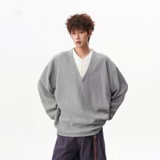 批发华夫格 老钱风撞色假两件V领卫衣男女春季设计感套头<b class='q'>衫</b>情侣外套