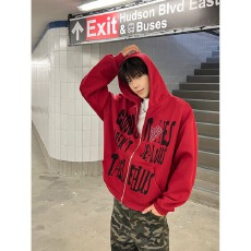 华棉复合350克 美式复古字母印花连帽开衫卫衣男女春秋帽衫外套