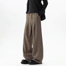 批发原版质量 新款复古高级感纽扣休闲西裤男女潮老钱风直筒拖地长裤