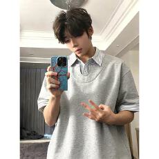 美式假两件衬衫领短袖男潮牌宽松拼接T恤春夏重磅半袖Polo衫上衣