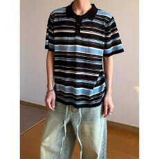 原版冰丝亚麻针织衫 复古条纹翻领POLO衫男短袖针织衫夏季上衣