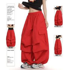 批发塔丝隆复合 美式复古机能红色工装<b class='q'>裤</b>女夏季<b class='q'>嘻哈</b>阔腿休闲运动<b class='q'>裤</b>