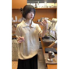 批发原版工艺 包芯纱海鸥领假两件短袖polo衫<b class='q'>男</b>女款老钱风复古针织t恤