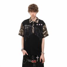 vintage美式潮流迷彩拼接短袖T恤男款夏季宽松休闲情侣POLO衫上衣