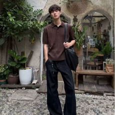 批发冰丝凉感 咖啡色坑条翻领短袖针织衫上衣男复古休闲百搭polo衫t恤