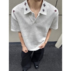 批发原版工艺曼巴棉 白灰色扎染刺绣polo衫短袖男女夏季宽松翻领t恤