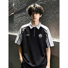 批发美式条纹学院风短袖POLO衫男款夏撞色半拉链翻领T恤重磅休闲半袖