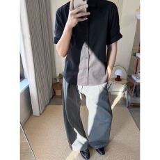 批发亚麻原版工艺 黑色凉感卷袖衬衫男女夏新款美式高街衬衣半袖外套