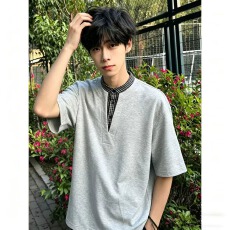 批发复古撞色假两件翻领POLO衫短袖T恤男女宽松格纹设计简约