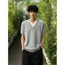 批发人夫感假两件针织短袖男<b class='q'>夏</b>季韩系高级感V领T恤cleanfit松弛感半袖