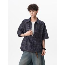 批发含棉假两件 夏季粉色格纹泡泡纱肌理感短袖衬衫<b class='q'>男</b>情侣休闲<b class='q'>上衣</b>