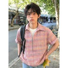 批发含棉假两件 假两件短袖衬衫男夏季少年感穿搭V领衬衣美式半袖