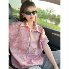 批发含棉假两件 多巴胺粉色泡泡纱假两件格子短袖衬衫<b class='q'>男</b>女夏季衬衣