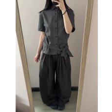 批发100棉原版工艺 夏季中性风巨好看的衬衫女款绑带收腰衬衣短袖<b class='q'>上衣</b>