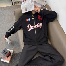 批发华棉复合350克刺绣 美式复古飞马字母刺绣连帽卫衣男休闲百搭外套