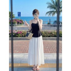 批发实拍已出货复古波点吊带上衣无袖背心挂脖半身<b class='q'>长裙</b>两件套装夏