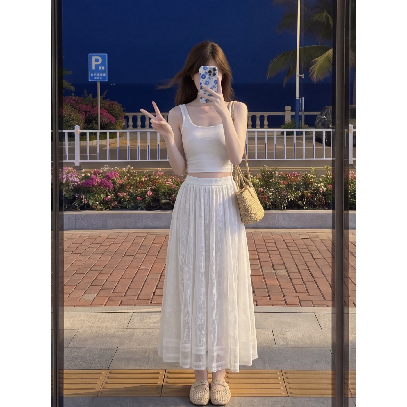 실사 재고 있음 홀로우 아웃 레이스 반신 스커트 여름 섹션 품격 단색 롱 스커트 큰 진자 도루 센스 A라인 스커트