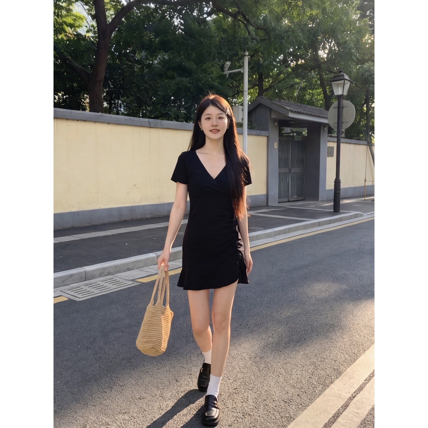 실사 재고 있음 작은 검은 드레스 품격 새로운 여성 여름 몸매 가꾸기 주름 허리 수축 슬림해 보이는 작은 키 인어 꼬리 점프 슈트