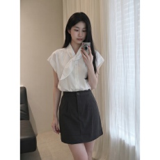 批发实拍有货 法式白色飘带短袖衬衫半身裙两件<b class='q'>套装</b>女夏季