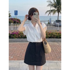 批发实拍有货 法式白色飘带短袖衬衫半身裙两件<b class='q'>套装</b>女夏季