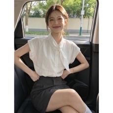 批发实拍有货 法式白色飘带短袖衬衫半身裙两件<b class='q'>套装</b>女夏季