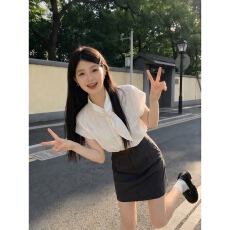 批发实拍有货 法式白色飘带短袖衬衫半身裙两件<b class='q'>套装</b>女夏季