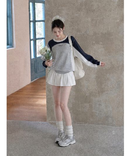 실사 재고 있음 가을 신제품 배색 패치워크 캐주얼 루즈핏 라운드 넥 후드티 여성 아메리칸 레트로 털 서클 순면