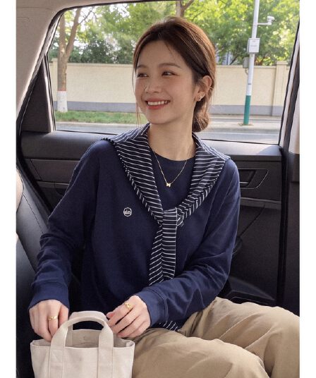 실사 재고 있음 한 부서 해군 스트라이프 숄 긴팔 티셔츠 여성 조기 가을 착용 가져 가라. 루즈핏 그레이트 봐