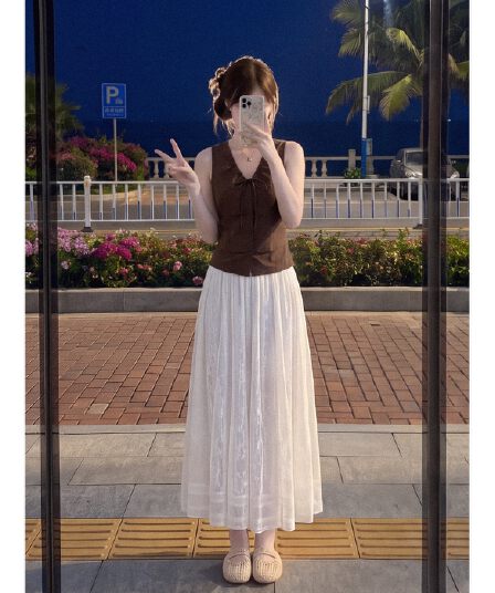 실사 재고 있음 프릴 펌프 로프 허리 수축 조끼 여성 외출용 레이스 반신 롱 스커트 투피스 슈트 착용 가져 가라. 여름