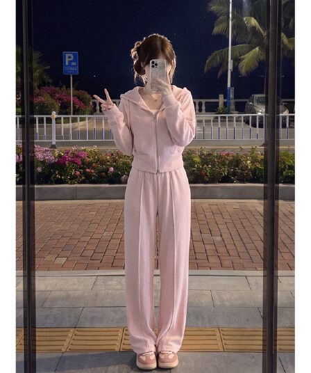 실사 재고 있음 운동 캐주얼 바람 후드 티 스웨터 웨이 바지 두 조각 여성 세트 핑크색 카디건 코트 루즈핏 세트