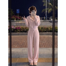 批发实拍有货 运动休闲风连帽卫衣卫裤两件套女粉色开衫外套宽松套装