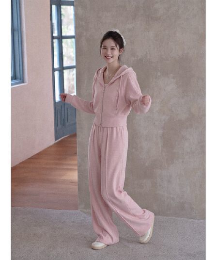 실사 재고 있음 운동 캐주얼 바람 후드 티 스웨터 웨이 바지 두 조각 여성 세트 핑크색 카디건 코트 루즈핏 세트