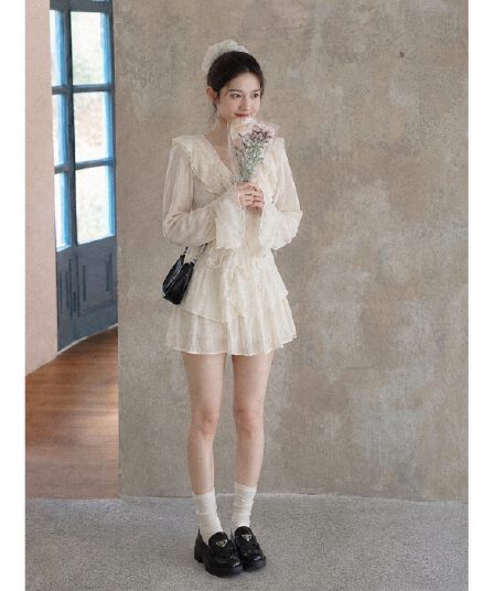 실사 재고 있음 프랑스식 달콤한 매운맛 세트 가을 Chic 셔츠 맨위 반바지 투피스 드레스