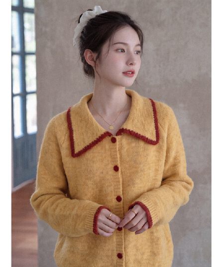 실사 재고 있음 느긋한 바람 폴로 칼라 긍정적 인 어깨 스웨터 여성 코트 2026 조기 가을 새로운 모헤어 니트