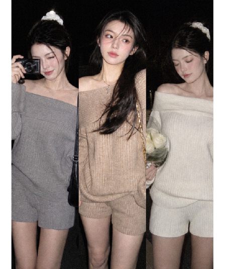 실사 재고 있음 오프숄더 풀오버 루즈핏 느긋한 바람 긴팔 한 부서 스웨터 하이웨이스트 스트레이트 반바지 투피스 세트