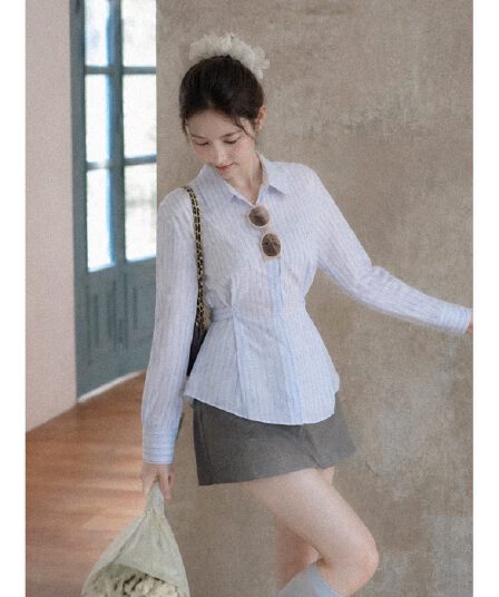 실사 재고 있음 한 부서 스타일 착용 가져 가라. 전체 집합 품격 파란색 스트라이프 꼬집기 허리 긴팔 셔츠 맨위 미니 스커트