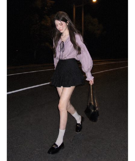 실사 재고 있음 세트 ootd 착용 가져 가라. 연령 감소 전체 집합 보라색 레이스업 맨위 미니 스커트 작은 키 고유 한 이리저리 떠다니다