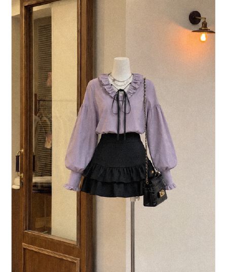 실사 재고 있음 세트 ootd 착용 가져 가라. 연령 감소 전체 집합 보라색 레이스업 맨위 미니 스커트 작은 키 고유 한 이리저리 떠다니다