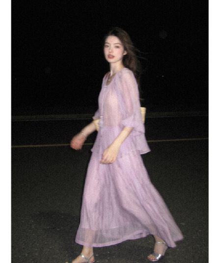 실사 재고 있음 프랑스식 차 휴식 고급 센스 보라색 셔츠 드레스 투피스 슈트 여성 여름 새로운 품격