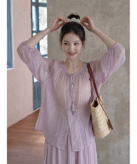 실사 재고 있음 프랑스식 차 휴식 고급 센스 보라색 셔츠 드레스 투피스 슈트 여성 여름 새로운 품격