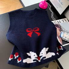 批发实拍~蝴蝶结浣熊马甲2025秋季新款韩版刺绣图案显瘦叠穿上衣女